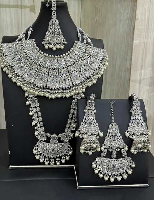 PAKISTANI INDIAN TRADITIONAL Heavy Bridal Necklace Mala Set in Silver ...