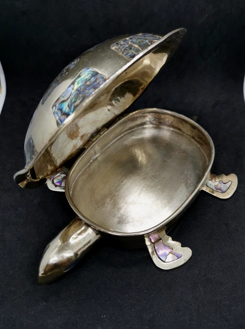VINTAGE LARGE TURTLE Abalone Shell Mexican Silver Box (731E) $201.89 ...