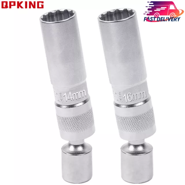 2pcs 14mm & 16mm 3/8" Thin wall Magnetic Swivel Spark Plug Socket Tool 12 Point