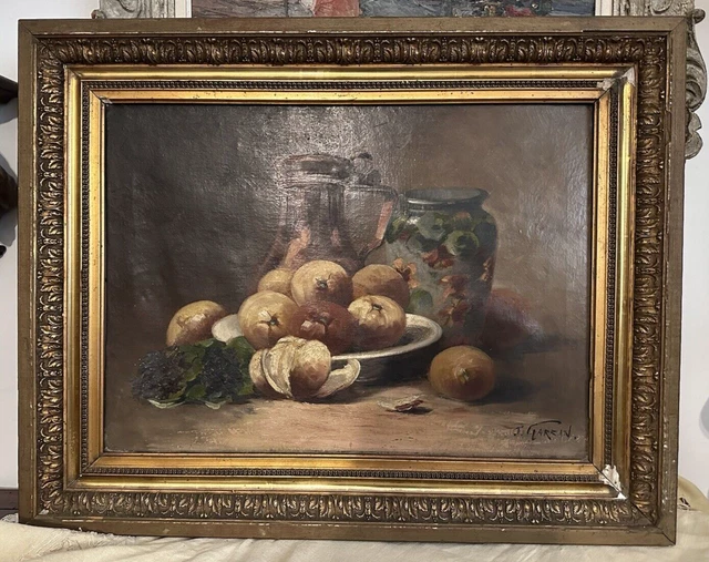 Antico quadro - Olio su tela - Natura morta /frutta-fiori /fine '800