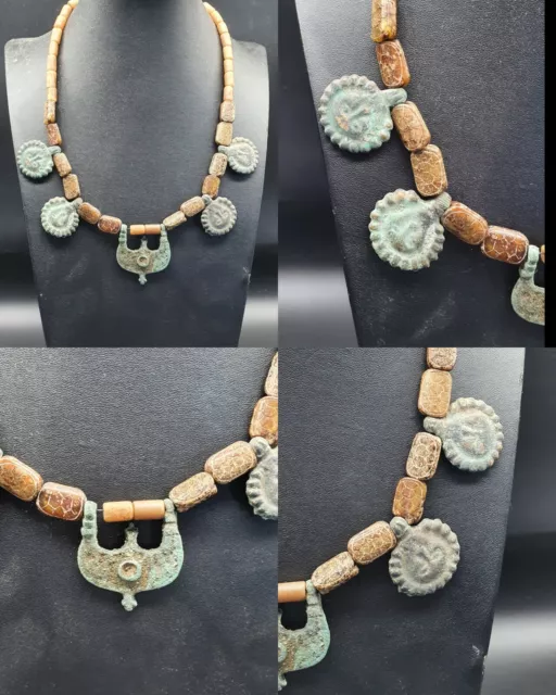 Excellent.unique Ancient Sasannian Jade Bronze Necklace #A1324