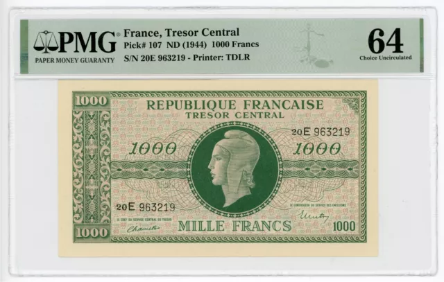 France Tresor Central 1000 Francs 1944 P-107 PMG 64 Choice UNC