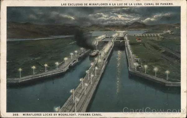 1926 Miraflores Locks by Moonlight,Panama Canal I.L. Maduro Jr. Postcard Vintage