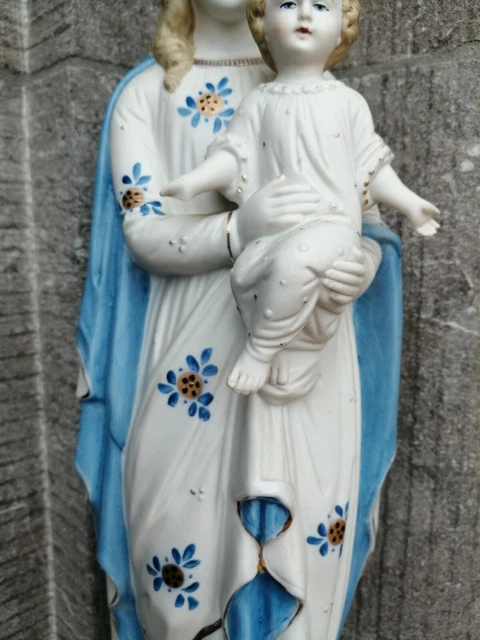 ANTIQUE FRANCE PORCELAIN Bisque Madonna Virgin Mary Child Jesus Statue ...