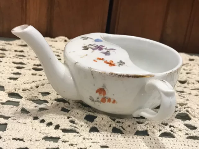 Antique Medical Porcelain Invalid/Infant Feeder Pap Boat Flat Top Flowers Purple