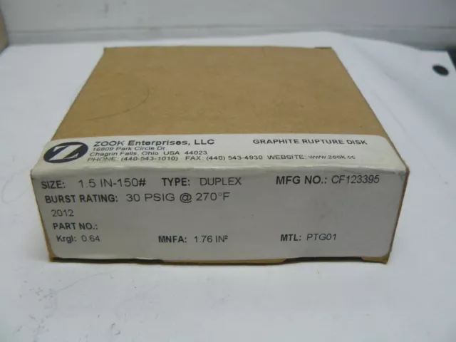 ZOOK Enterprises CF123395 graphite rupture disk size 1.5 in-150# burst 30 psig