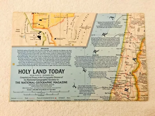 Vintage National Geographic December 1963 Map Poster Holy Land Today Jerusalem