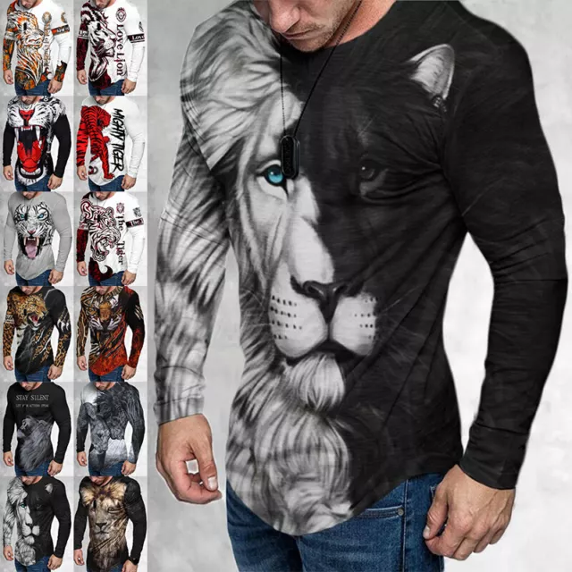 Mens 3D Printed Pullover T-shirt Long Sleeve Stretch Muscle Tee Slim Fit Tops