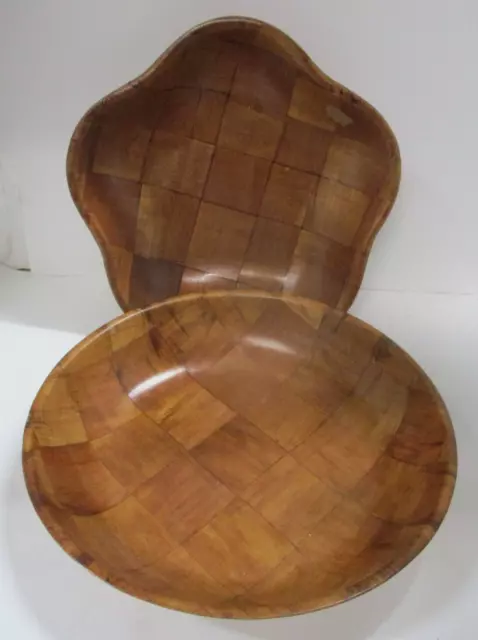 Set of 2 Checker Board Weave Pattern Wood Salad Bowls