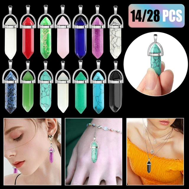 14/28PCS Hexagonal Healing Pointed Quartz Crystal Stone Pendant Necklace Jewelry