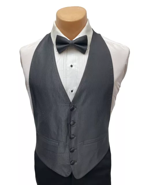 Boys Charcoal Grey Tuxedo Vest & Bow Tie Herringbone Open Back Size Extra Small