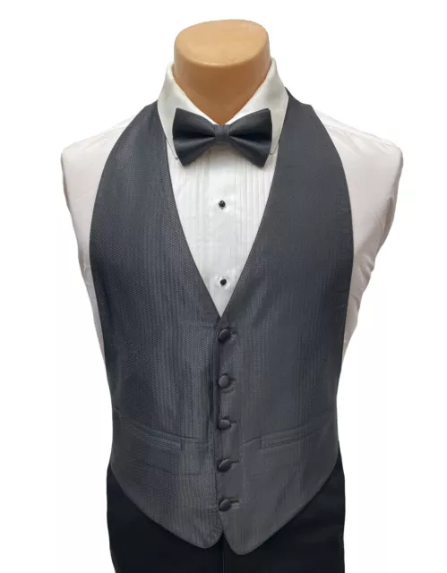 Boys Charcoal Grey Tuxedo Vest & Bow Tie Herringbone Open Back Size L/XL