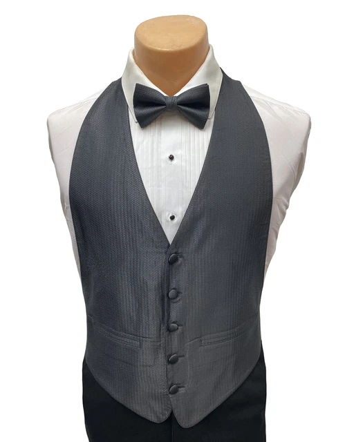 Men's Charcoal Grey Tuxedo Vest & Bow Tie Herringbone Pattern Open Back 3XL