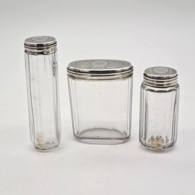 3 Antique Sterling Silver Tops Vanity Jars Glass Powder Jars T. J. Watson 1870 3 Antique Sterling Silver Tops Vanity Jars Glass Powder Jars T. J. Watson 1870