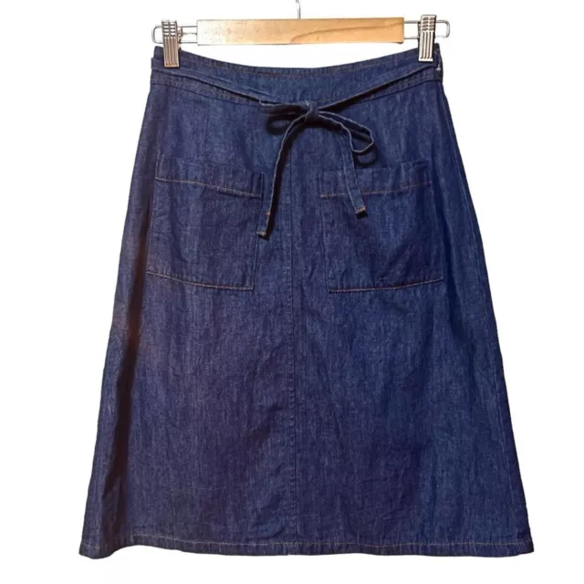 Vintage 90S Does 70S Apron Wrap A-Line Denim Skirt High Waist Tie Pockets Small