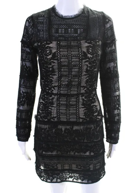 Parker Womens Floral Lace Long Sleeve Crewneck Flared A-Line Dress Black Size XS