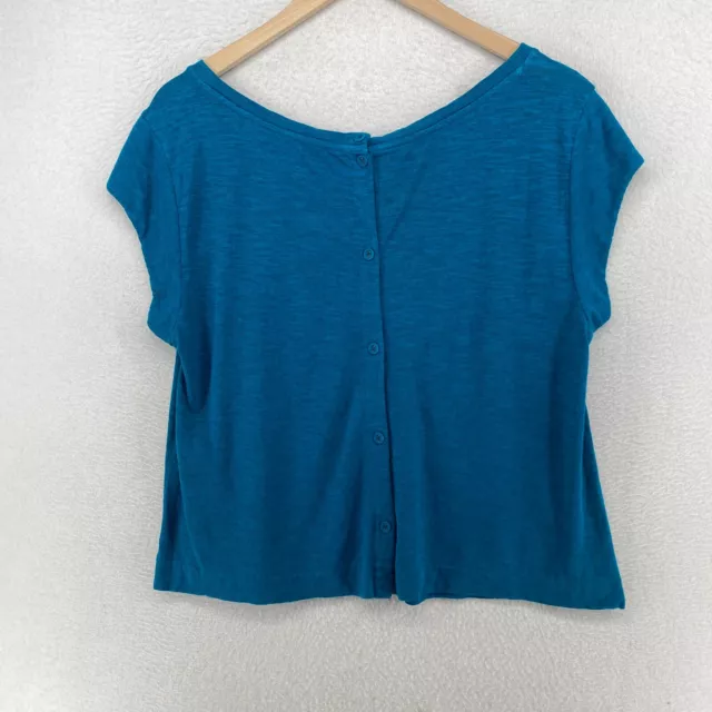 EILEEN FISHER Top M Button Back Hemp Organic Cotton Jersey Short Sleeve Blue