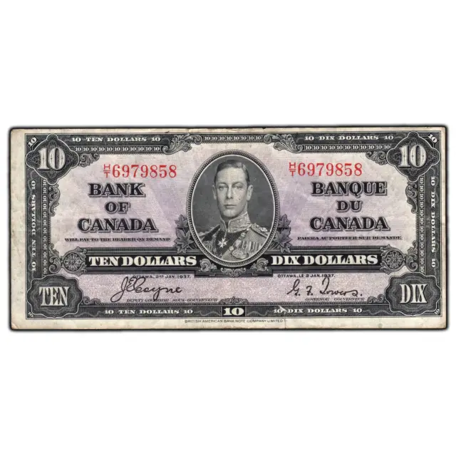 $10 1937 Bank of Canada Note Coyne-Towers H/T Prefix BC-24c - Edge Tear