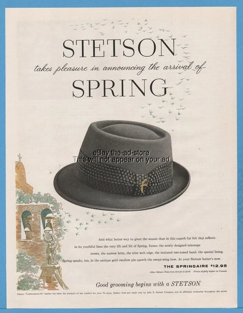 1959 Stetson Springaire Hat 1950's Men's Spring fashion Fedora style print Ad