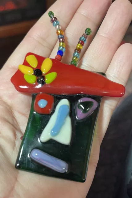 Vintage Retro Modernist Fused Art Glass Face Brooch Pendant  Pin K6-2