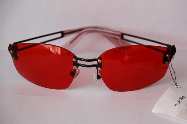 Farb Brille Sonnenbrille  Gläser Rot Rahmenlos Bügel Schwarz Aus Metall