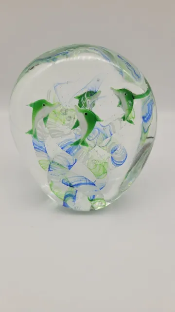 Art Glass Paperweight Dolphins, Bubbles Seaweed Clear Glass Green/Blue