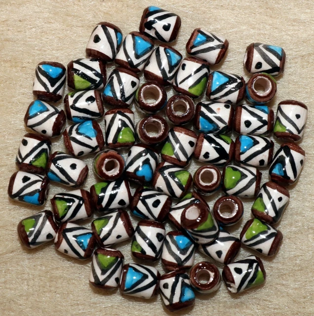 25 handbemalte Peru Keramik Perlen, 6mm Walze Zylinder braun weiß Perle Basteln