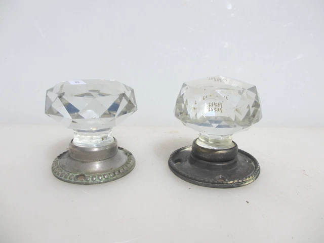 Vintage Door Knobs Handles Cut Glass Crystal Nickel Plate Plates Old Antique ODD