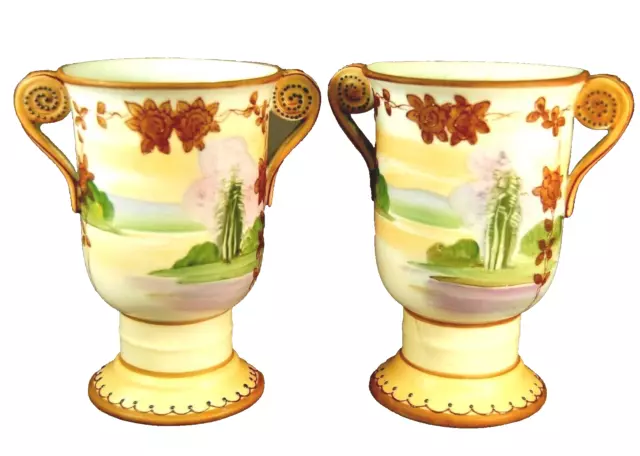 Raised Enamel & Gilt Decorated Scenic Pair of Nippon Matching Vases!