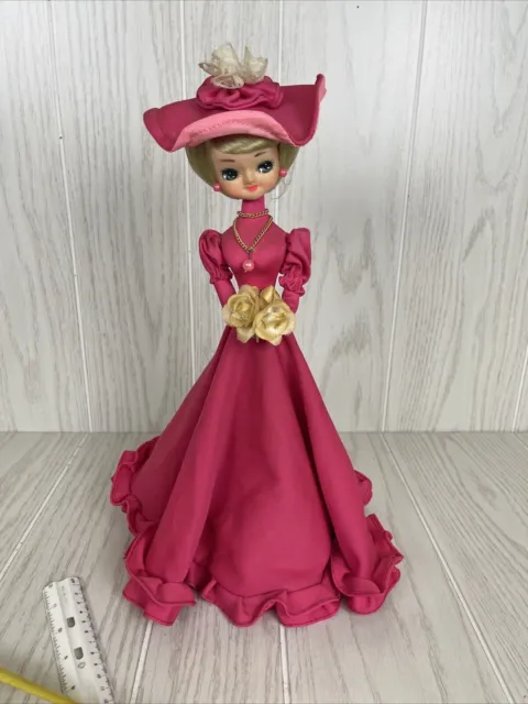 Vintage 15” Big Eyes Bradley Doll Hat Holding Bouquet Pink Dress Music Box