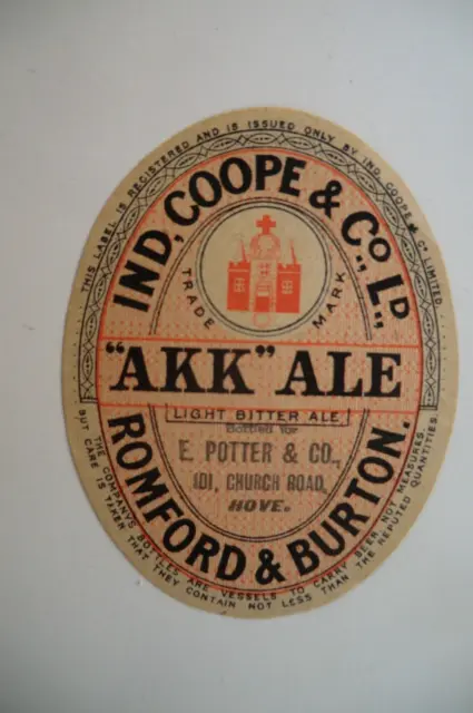 Mint Ind Coope Romford & Burton Bottled By Potter Hove Brewery Beer Bottle Label