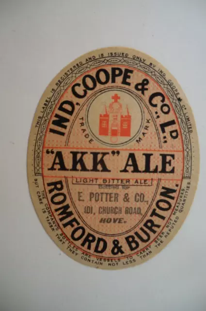 Mint Ind Coope Romford & Burton Bottled By Potter Hove Brewery Beer Bottle Label