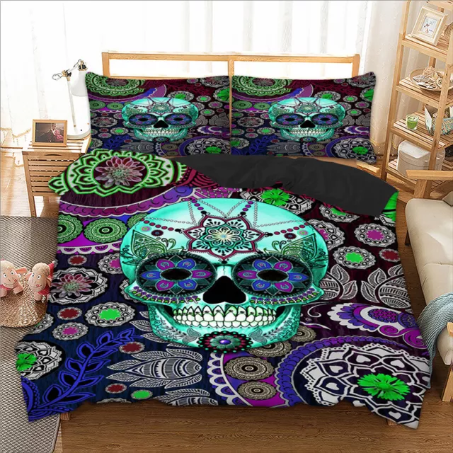 Skull Mandala Floral Quilt Doona Duvet Cover Set Queen/King Size Bed Pillowcases