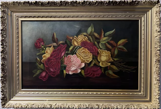 Antique 19 century oil painting on canvas, Still life, Roses, Framed, Unsigned