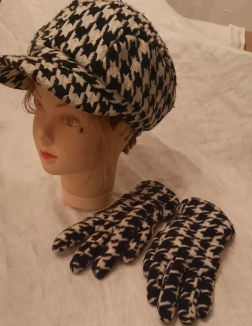 Houndstooth Gatsby Newsboy Style Womens Hat Cap Black White W Thinsulate Gloves