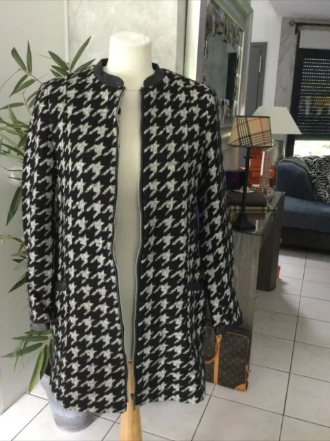 MANTEAU VESTE LONGUE CAMAIEU 38 noir blanc pied de poule cuir tres