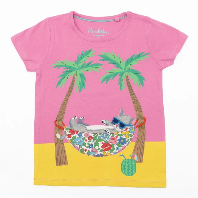 Mini Boden T-Shirt Ragazze Top Rosa Animale Cotone Maniche Corta Età Vacanze 2–12 anni