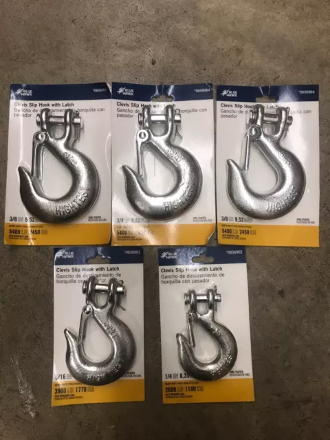 5 Lot Blue Hawk Zinc-Plated Clevis Slip Hook w/ Latch 5/16, 1/4 & (3 Ea) 3/8