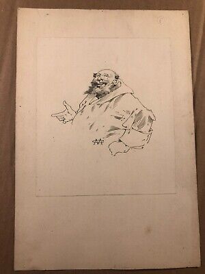 George Montbard Rare 19th C. Signed Published Illustration Art Drawing Fat Man