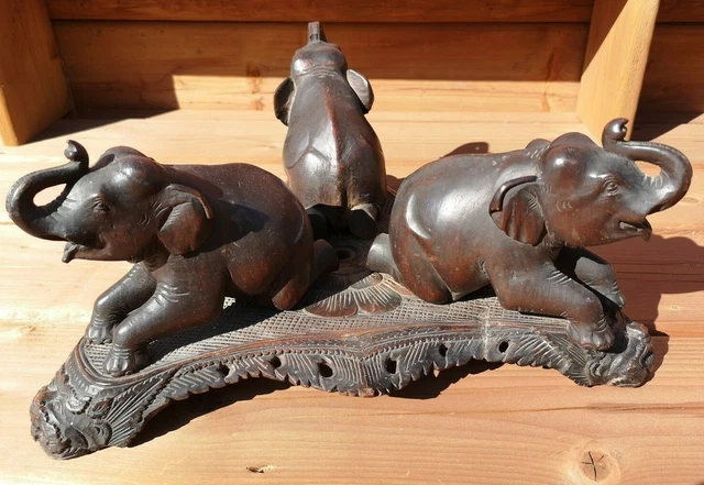 ANTIQUE * Anglo India / Burma * 3 ELEPHANTS on STAND - Flower Center WOOD CARVED