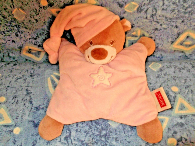 B/ Doudou Nattou Ours Semi Plat Rose Beige Marron Etoile Grelot Bonnet 25Cm Neuf
