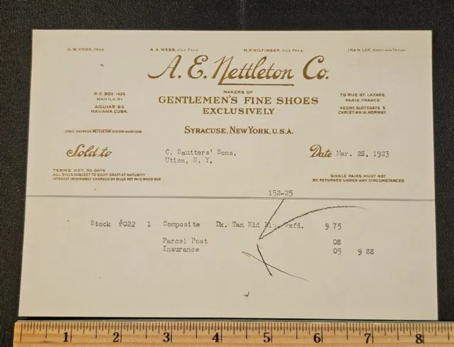 1923 A E Nettleton Co Gentlemen's Fine  Shoes Billhead Receipt Syracuse, NY 2
