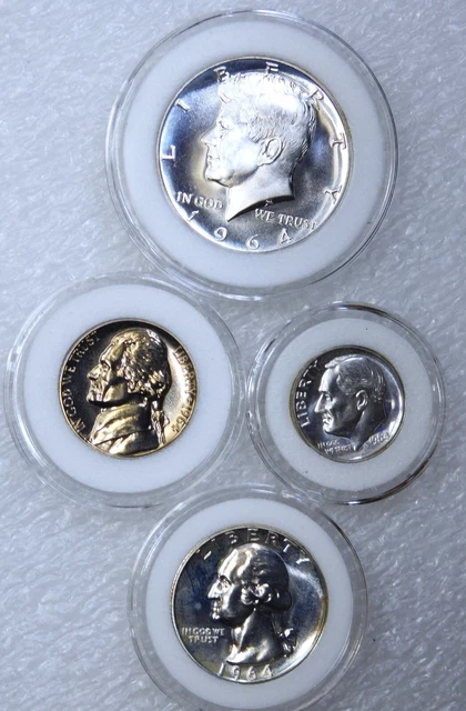 1964 US Silver Mint Proof 4 coins Blast White Cameo Half & Dime Airtights F521