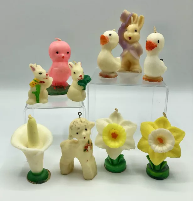 Vintage Lot of 10 GURLEY Easter Rabbit Duck Flowers Figural Candles /b