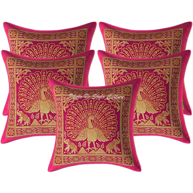 Indian Cushion Covers Magenta 12 x 12 Jacquard Brocade Peacock Throw Pillows