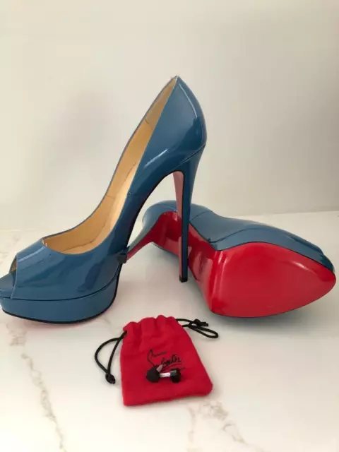 Christian Louboutin Blue Patent Leather Lady Peep Toe Platform Pumps 3