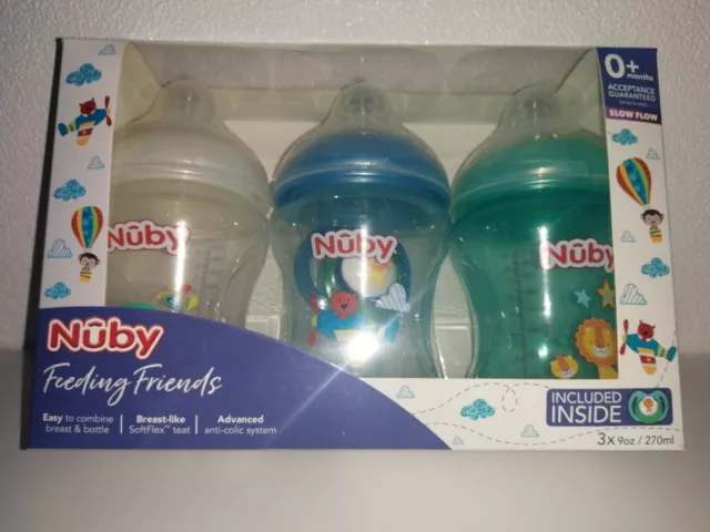 Nuby Feeding Friends 3x Bottles & Dummy Set 0+m Slow Flow Soft Teat Anti-Colic