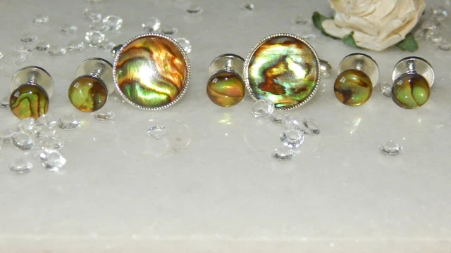 15mm S/P Cufflinks & 8mm S/P Shirt Studs & Gold/Green Paua/Abalone Shell-Tuxedo