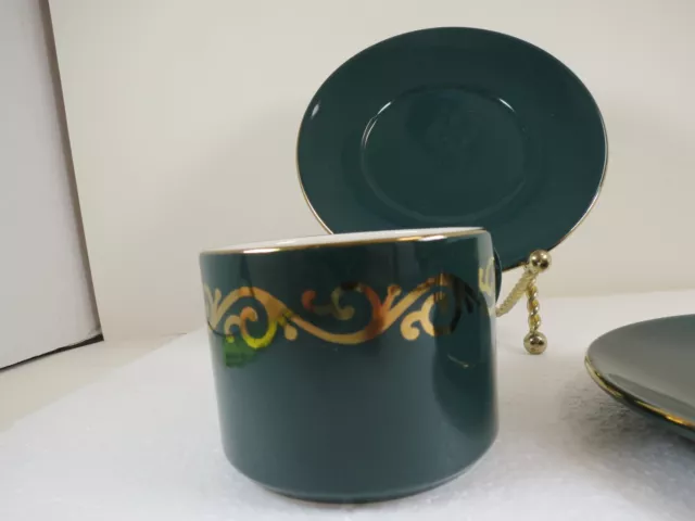 Hornsea Concept Pottery CUP and SAUCER Set of 2 HUNTER GREEN WITH GOLD SCROLLS 2