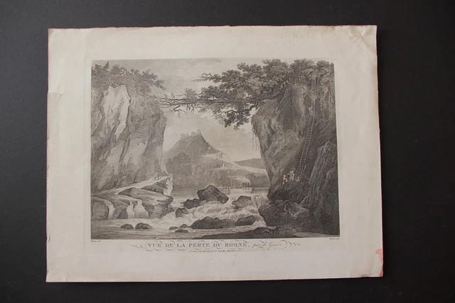 Gravure ancienne Vue de la perte du Rhône près de Genève